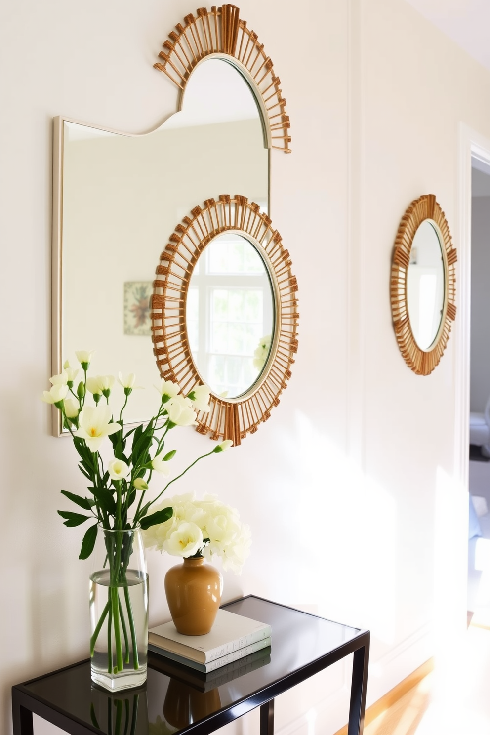 A bright and inviting hallway adorned with decorative mirrors that reflect natural light beautifully. The walls are painted in a soft pastel color, and a stylish console table sits beneath the mirrors, showcasing fresh spring flowers in elegant vases.