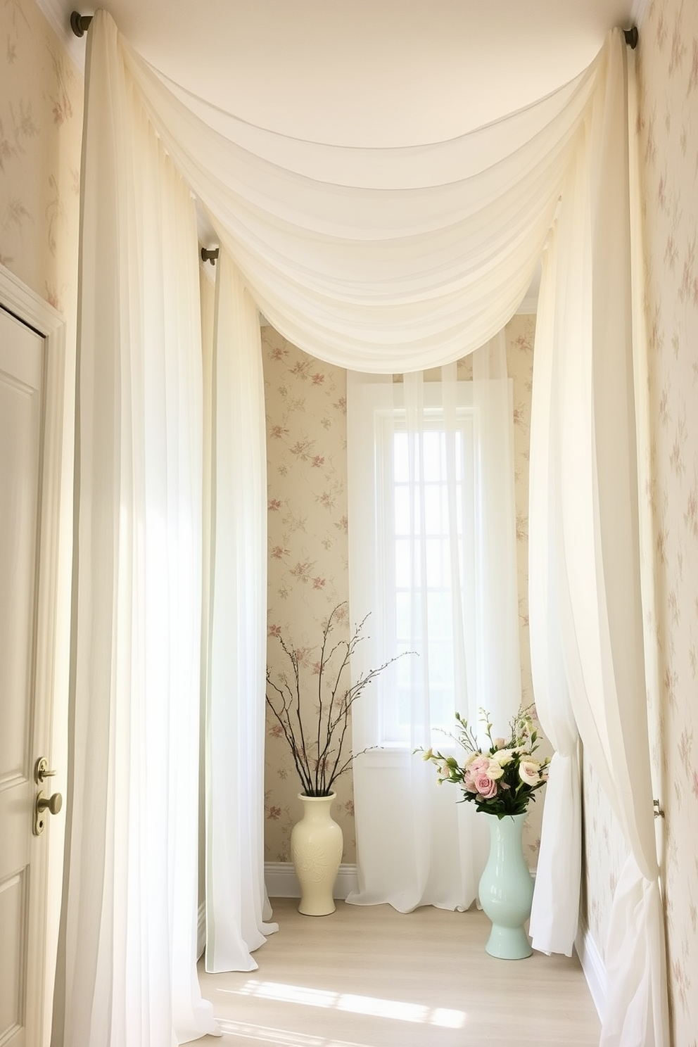 Lightweight curtains drape elegantly from the ceiling to the floor, creating an airy and open atmosphere in the hallway. The soft fabric gently sways with the breeze, allowing natural light to filter through and illuminate the space. Decorative elements such as pastel-colored vases and fresh flowers are strategically placed along the hallway to enhance the spring theme. A subtle floral wallpaper in soft hues complements the curtains, bringing a touch of nature indoors and creating a welcoming entryway.