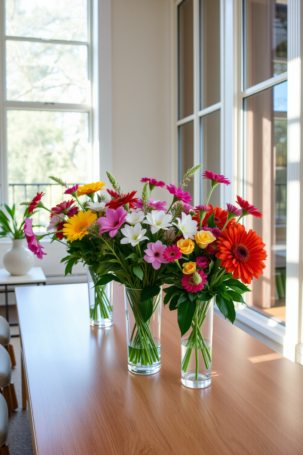 Fresh flower arrangements in vibrant colors are placed in elegant vases on a sleek wooden desk. The surrounding decor features soft pastel tones and natural light streaming through large windows, creating a cheerful and inviting atmosphere.