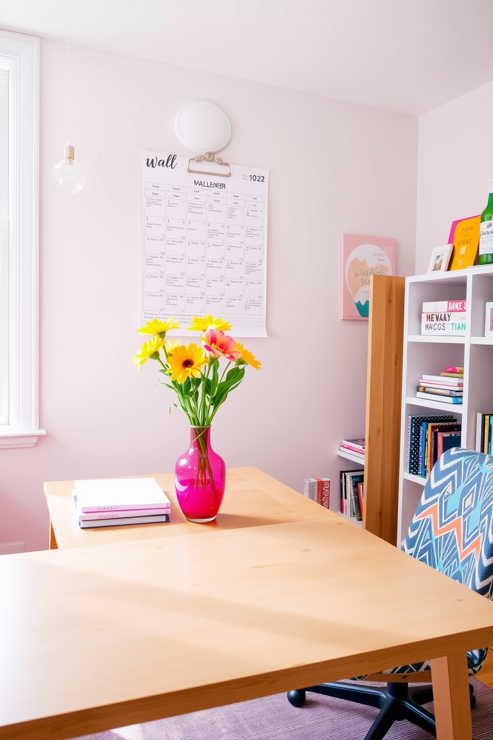 A vibrant wall calendar is prominently displayed above a sleek wooden desk in a bright and airy home office. The desk is adorned with fresh flowers in a colorful vase, and the walls are painted in a soft pastel hue to create a cheerful atmosphere. In the corner, a comfortable chair with a bold pattern invites productivity, while a stylish bookshelf showcases an array of decorative items and books. Natural light floods the space through large windows, enhancing the inviting and energetic vibe of the room.