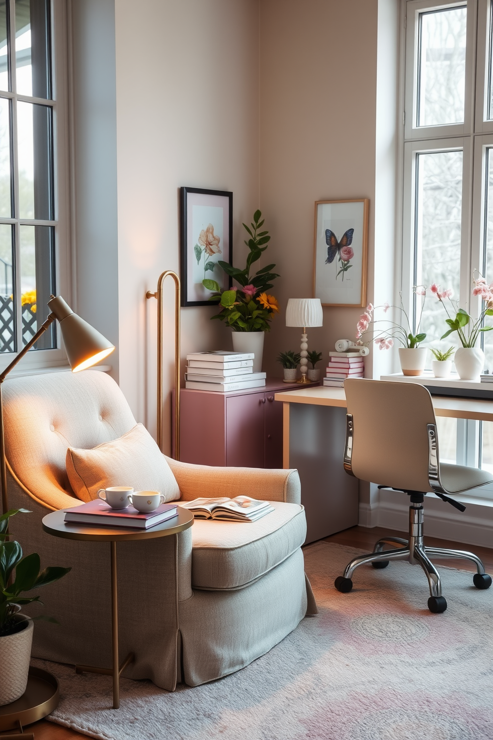 A cozy reading nook corner features a plush armchair upholstered in soft fabric, positioned beside a large window that allows natural light to flood the space. A small side table holds a steaming cup of tea and a stack of well-loved books, while a floor lamp with a warm glow provides additional lighting for evening reading. Spring home office decorating ideas incorporate bright pastel colors and fresh floral accents to create an inviting workspace. A sleek desk is adorned with potted plants and cheerful artwork, while a comfortable chair encourages productivity and creativity.