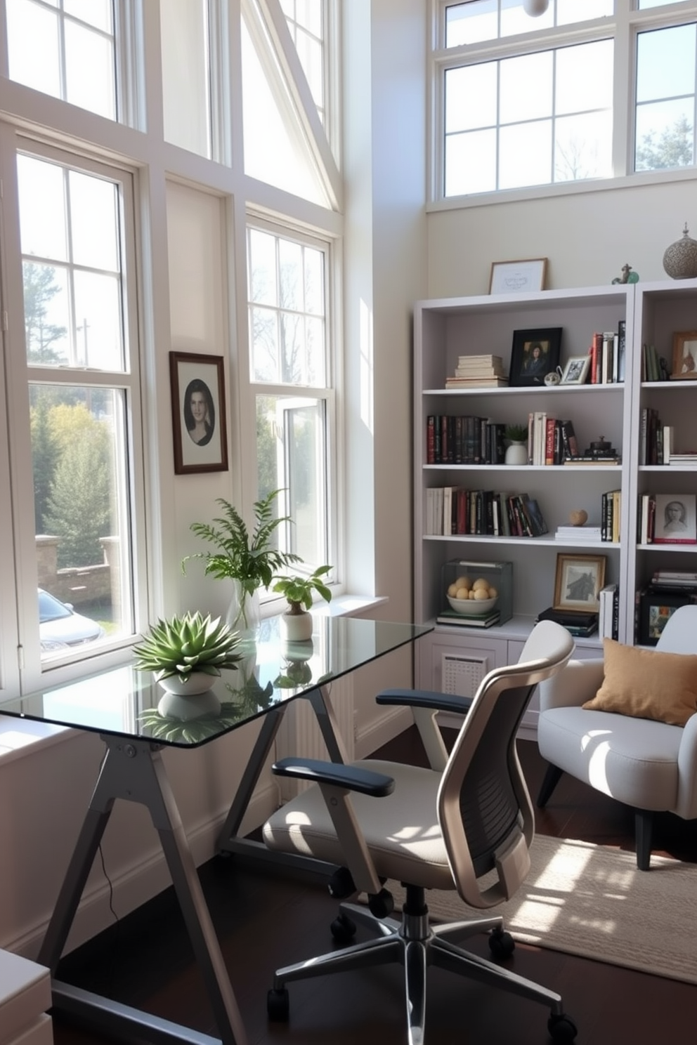 A bright and airy home office space with large windows allowing natural light to flood in. The centerpiece is a stylish succulent arrangement on a modern glass desk paired with a comfortable ergonomic chair. The walls are painted in a soft pastel color, creating a calming atmosphere. Shelves filled with books and decorative items line one side, while a cozy reading nook with a plush armchair is positioned in the corner.