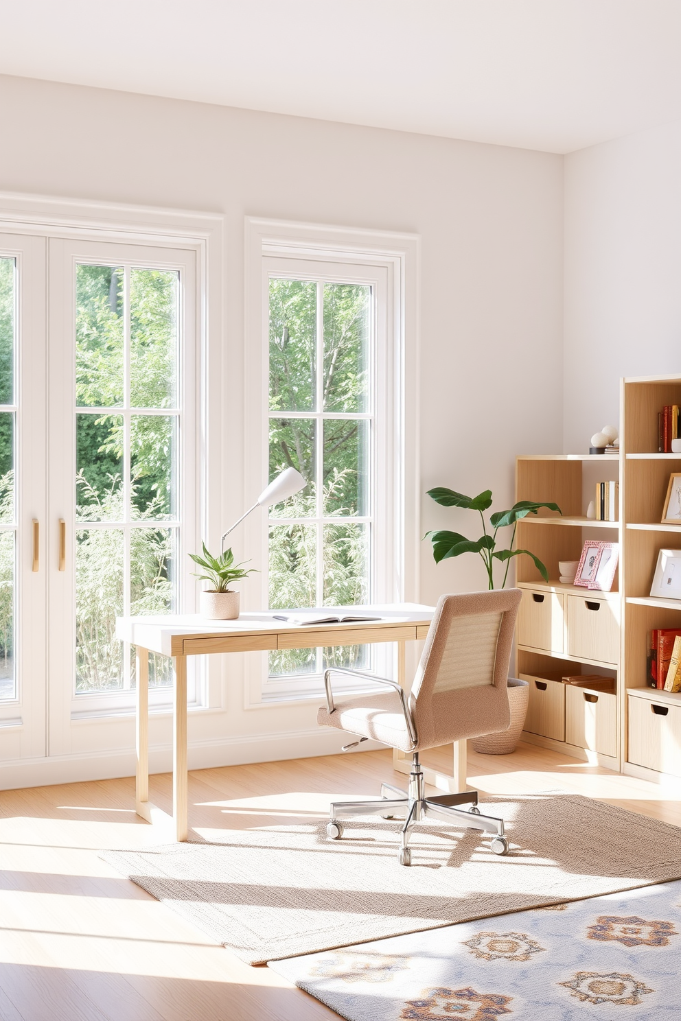 A light and airy home office with large windows allowing natural light to flood the space. The walls are painted in soft white, and the furniture features light wood tones with pastel accents. A sleek desk is positioned near the window, adorned with a small potted plant and a minimalist lamp. A comfortable chair in a light fabric complements the decor, while a stylish rug adds warmth to the wooden floor.