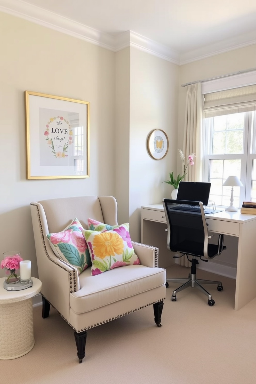 Create a bright and inviting home office space featuring a comfortable chair adorned with decorative throw pillows in vibrant spring colors. The walls are painted in a soft pastel hue, and a stylish desk is positioned near a window that lets in natural light, enhancing the cheerful atmosphere.