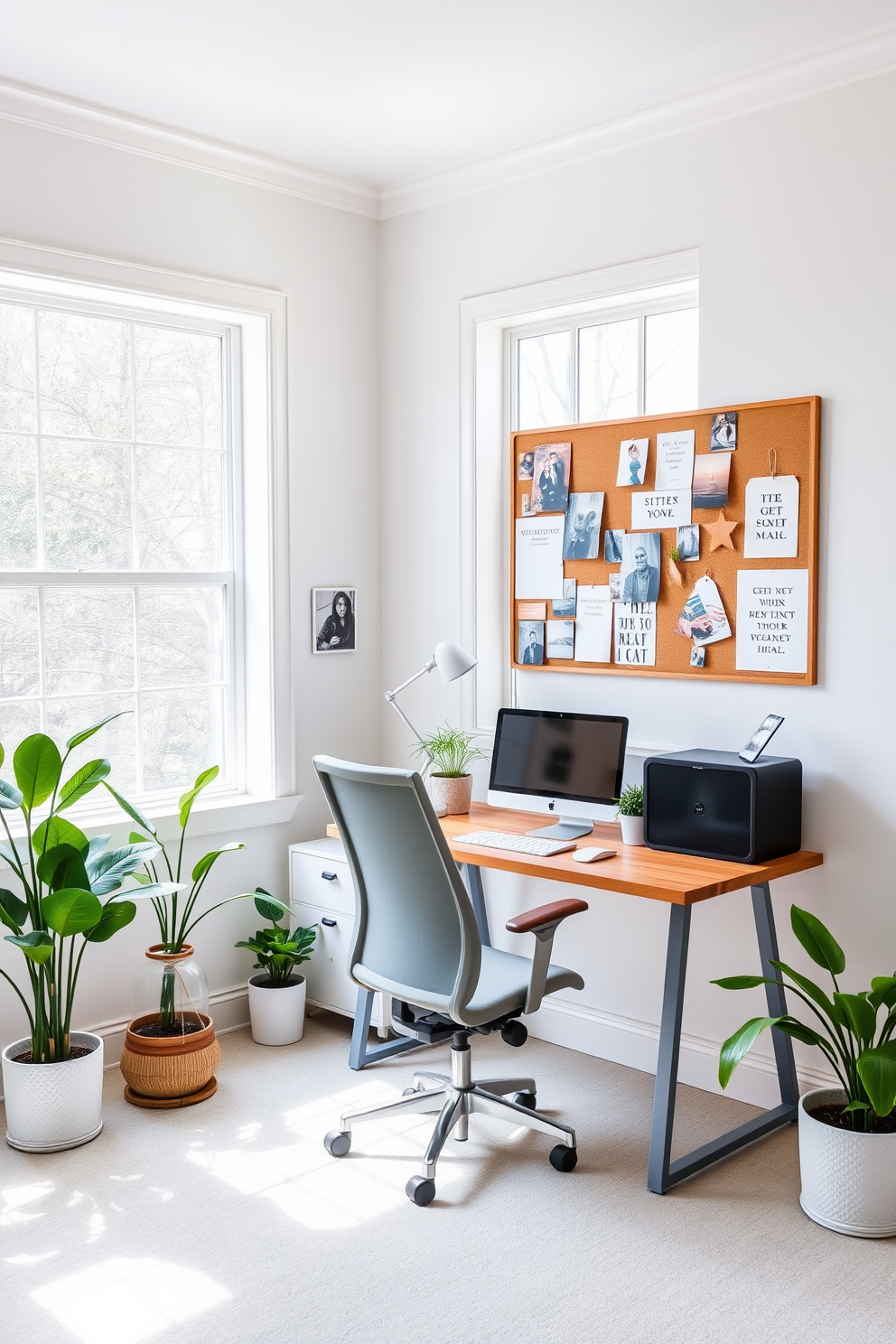 A bright and airy home office space designed for spring inspiration. The room features a large window that fills the area with natural light, complemented by a fresh color palette of soft pastels. In one corner, a stylish bulletin board is mounted on the wall, adorned with fabric swatches, photos, and motivational quotes. A sleek wooden desk sits beneath the window, paired with a comfortable ergonomic chair and surrounded by potted plants for a touch of greenery.