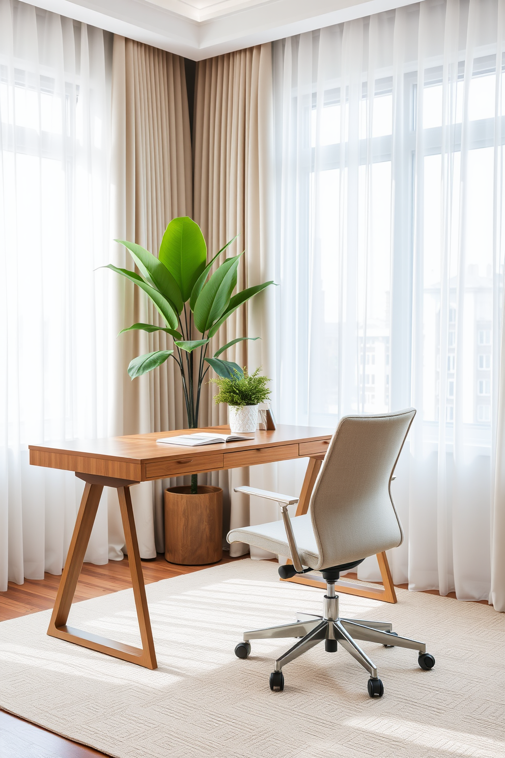 A stylish home office featuring a sleek wooden desk with clean lines and a minimalist design. The desk is accompanied by a comfortable ergonomic chair upholstered in a light fabric, creating a perfect balance of style and functionality. Natural light floods the room through large windows adorned with sheer curtains, illuminating the space. A potted plant sits on the desk, adding a touch of greenery and warmth to the modern decor.