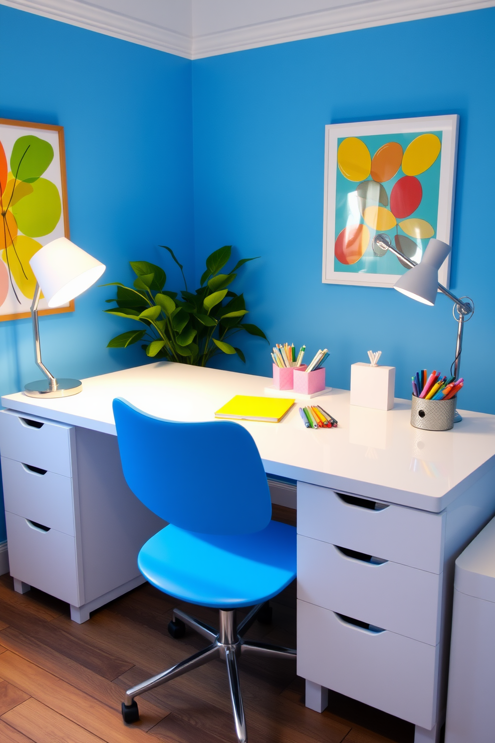 A bright and inviting home office space featuring a sleek white desk with a vibrant blue chair that adds a pop of color. The walls are adorned with cheerful artwork, and a lush green plant sits in the corner, bringing life to the room. Stationery items in various colors are neatly organized on the desk, including a bright yellow notebook and a set of colorful pens. A stylish lamp with a warm glow illuminates the workspace, creating an inspiring atmosphere for productivity.