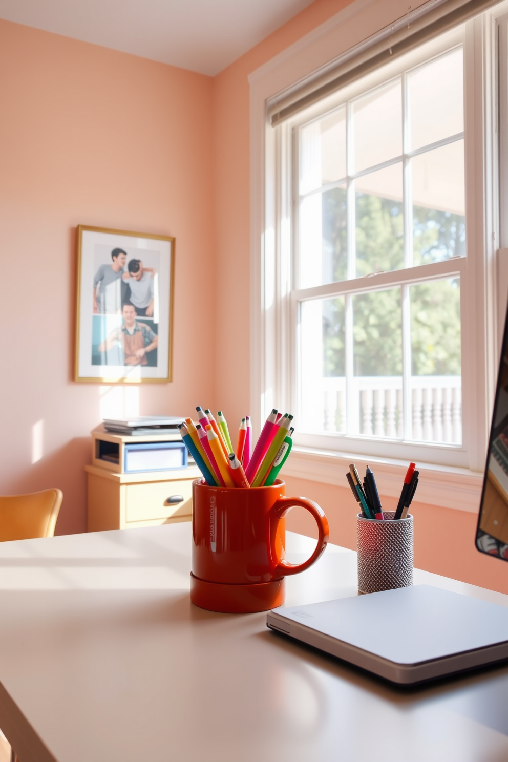 A bright and cheerful home office space features a cozy desk adorned with a vibrant mug filled with colorful pens. The walls are painted in a soft pastel hue, and a large window allows natural light to flood the room, creating an inviting atmosphere.