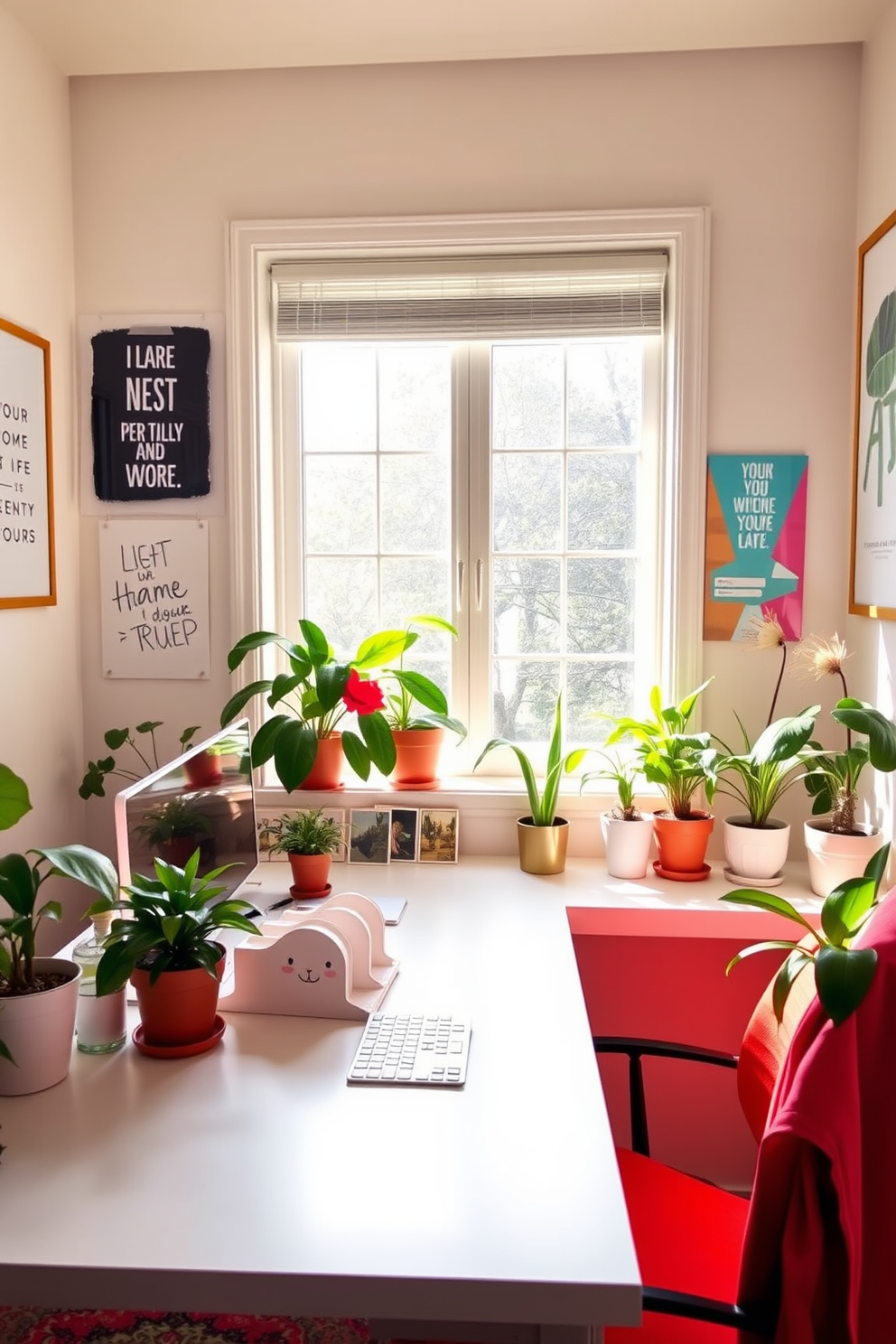 A bright and inviting home office features a sleek glass desk paired with a plush velvet chair. The walls are painted in a soft pastel color, and a large window allows natural light to flood the space, enhancing the warm wooden accents throughout. On the desk, a mix of decorative items includes a woven basket for storage and a ceramic planter with lush greenery. A cozy area rug with a subtle pattern adds warmth underfoot, while framed art with vibrant colors adorns the walls, creating an inspiring atmosphere.