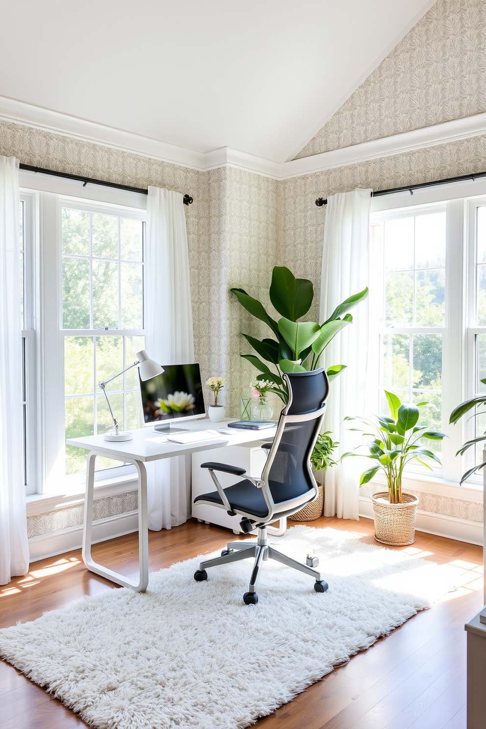 A bright and inviting home office space features a large wooden desk positioned near a window that allows natural light to flood in. The walls are painted in a soft pastel yellow, creating a warm and cheerful atmosphere, while a comfortable ergonomic chair complements the desk. On the desk, a cheerful clock with a vibrant design adds functionality and a pop of color. Lush green plants sit in the corners, and framed artwork adorns the walls, enhancing the creative vibe of the space.