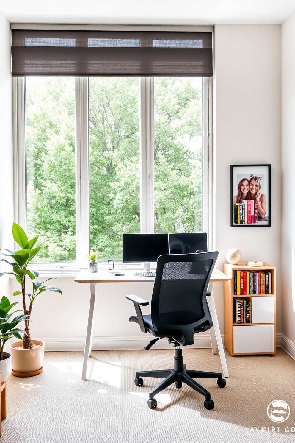 A bright and inviting home office features a large window that floods the space with natural light. The walls are painted in a soft white, and a sleek desk sits in the center, adorned with personal photos displayed in vibrant frames. A comfortable ergonomic chair complements the desk, while a small bookshelf filled with colorful books adds a touch of personality. Potted plants in the corners bring a refreshing touch of greenery, enhancing the overall cheerful atmosphere.