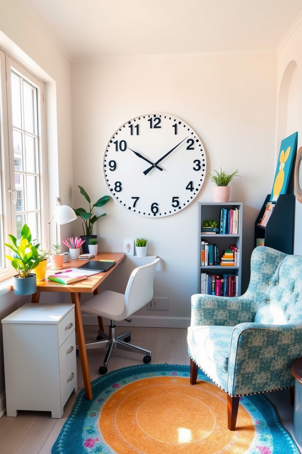 A cozy home office featuring a comfortable ergonomic chair in a soft fabric. The walls are painted in a calming light blue, and a stylish wooden desk sits against the window, allowing natural light to flood the space.