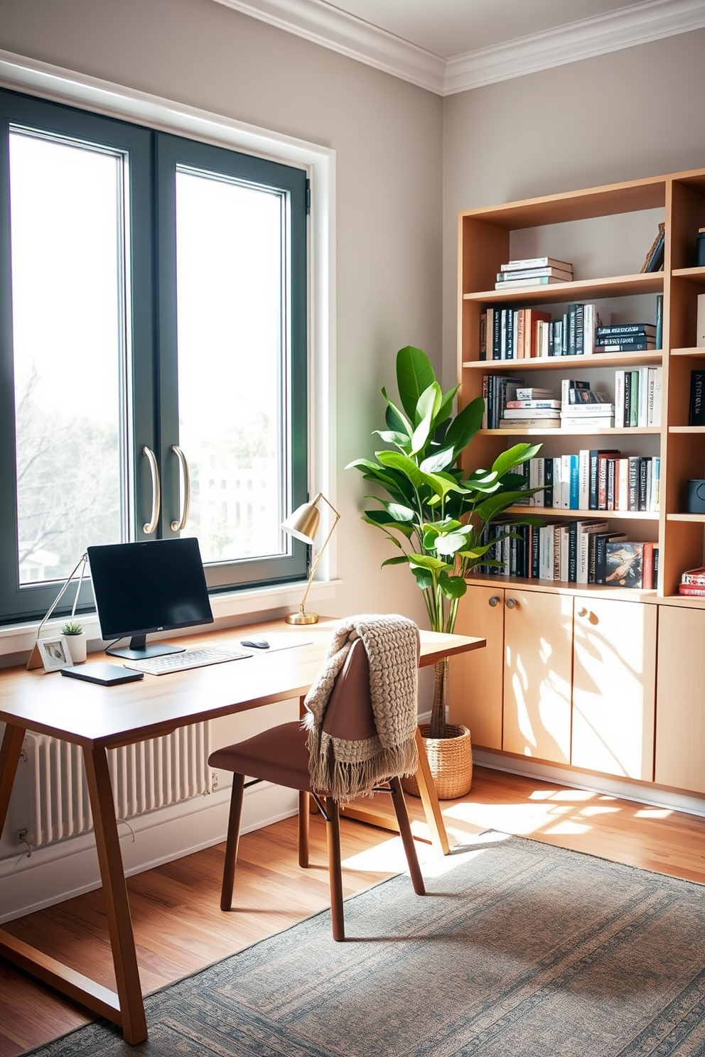 A bright and inviting home office space features a sleek wooden desk positioned by a large window that allows natural light to flood the room. The walls are painted in a soft pastel hue, and a comfortable chair is paired with the desk, adorned with a cozy throw blanket draped over the back. On the opposite wall, a stylish bookshelf displays an array of books and decorative items, adding personality to the room. A lush green plant sits in the corner, bringing a touch of nature indoors and enhancing the overall ambiance of the space.