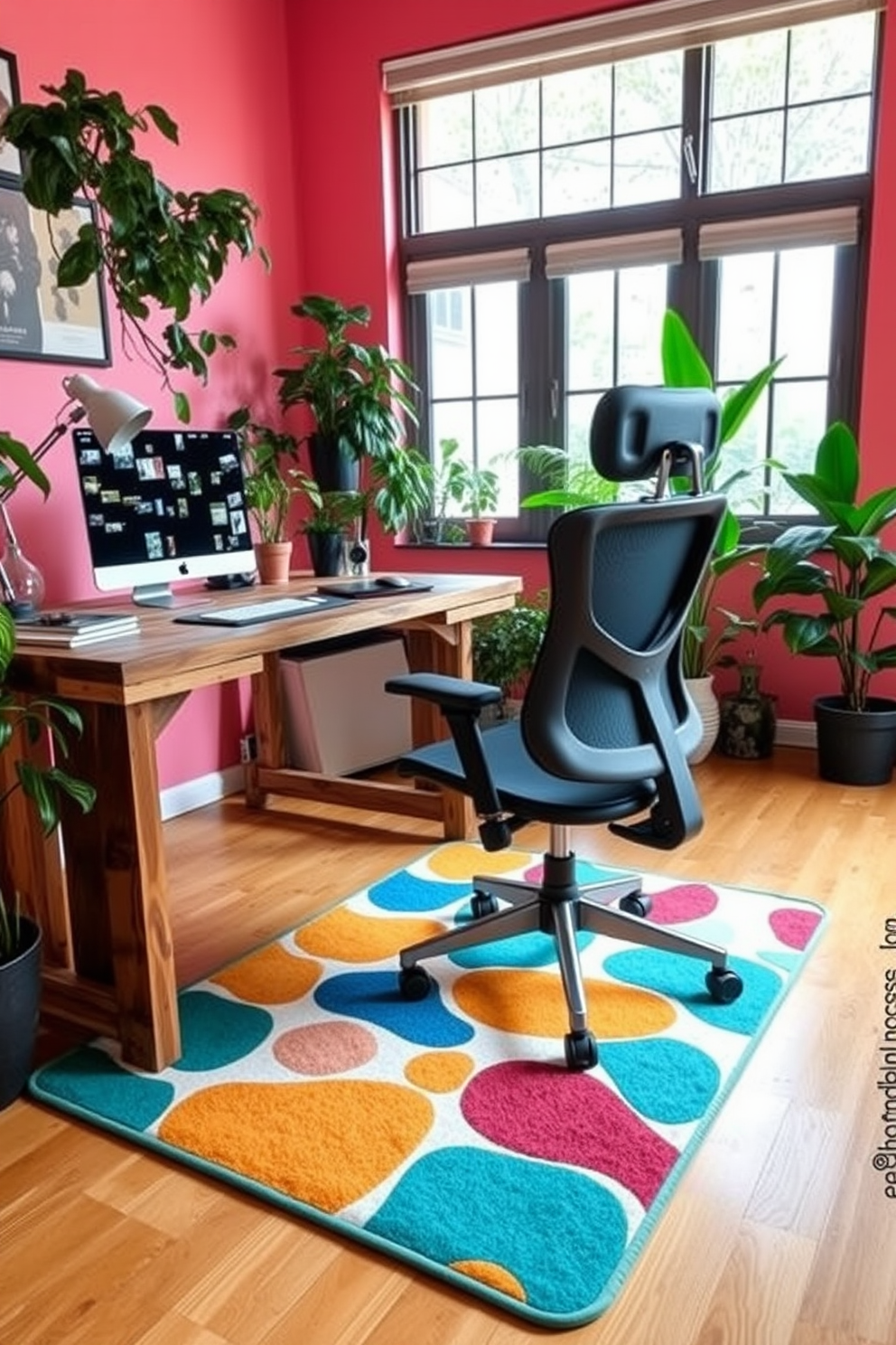 A vibrant home office featuring a fun and functional chair mat that adds a pop of color to the space. The desk is made of reclaimed wood, paired with a stylish ergonomic chair, and surrounded by lush indoor plants for a refreshing atmosphere.