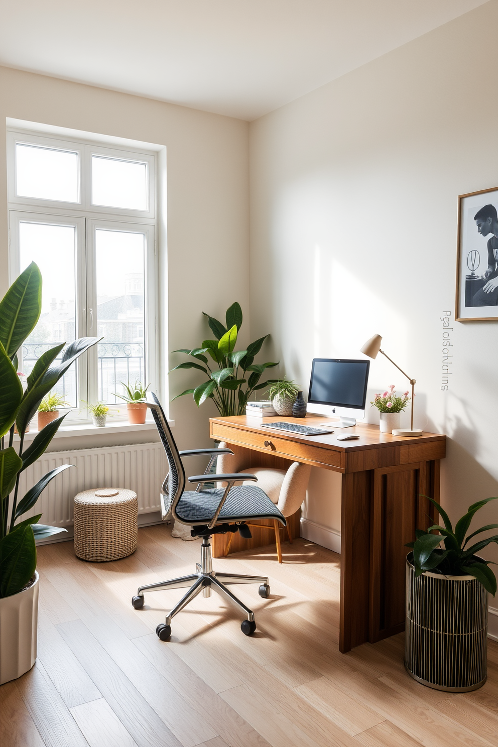 A chic home office space features a sleek wooden desk paired with an ergonomic chair. The walls are adorned with soft pastel colors, and a stylish wastebasket complements the decor, enhancing the overall aesthetic. A large window allows natural light to flood the room, illuminating a cozy reading nook with a plush armchair and a small side table. Potted plants add a refreshing touch, bringing life to the workspace while maintaining a clean and organized look.