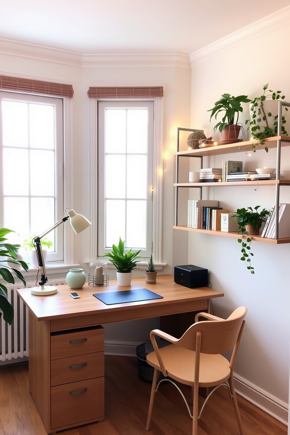 A serene home office space filled with natural light. A large wooden desk sits in front of a window, adorned with a stylish desk lamp and a few potted plants. The walls are painted in a soft pastel hue, creating a calming atmosphere. Delicate fairy lights are draped across the shelves, adding a cozy touch to the room.