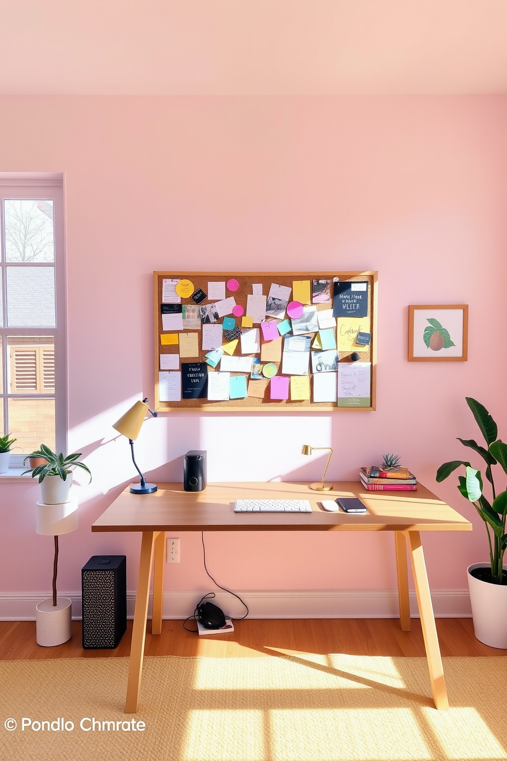 A vibrant home office setting filled with natural light. The walls are painted in a soft pastel hue, and a colorful pinboard is mounted above a sleek wooden desk, showcasing various notes and inspirations.