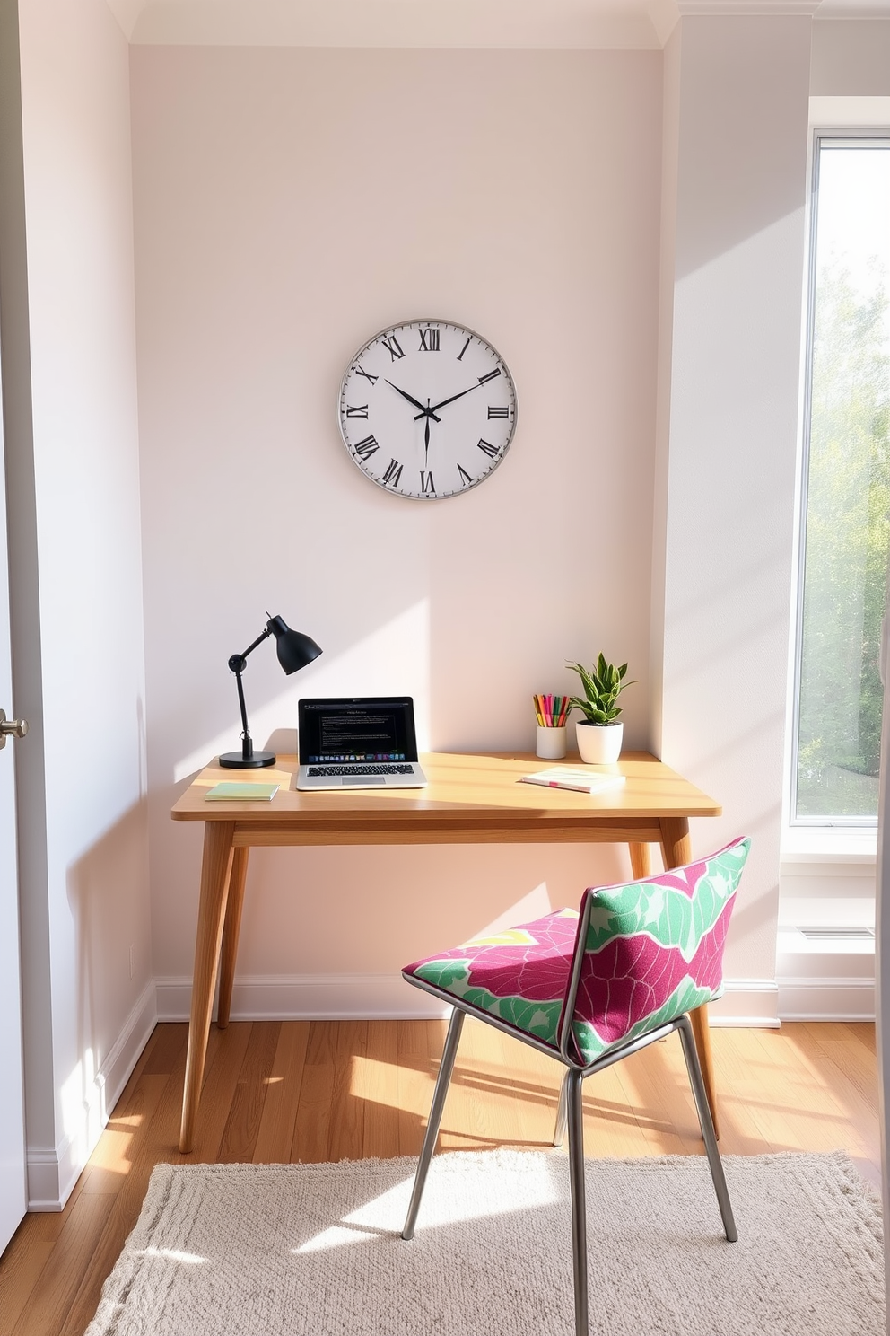 A bright and inviting home office space filled with natural light. The walls are painted in a soft pastel color, and a cheerful wall clock hangs above a sleek wooden desk. On the desk, a stylish laptop sits next to a small potted plant and colorful stationery. A comfortable chair with a vibrant cushion is positioned at the desk, while a cozy rug adds warmth to the floor.