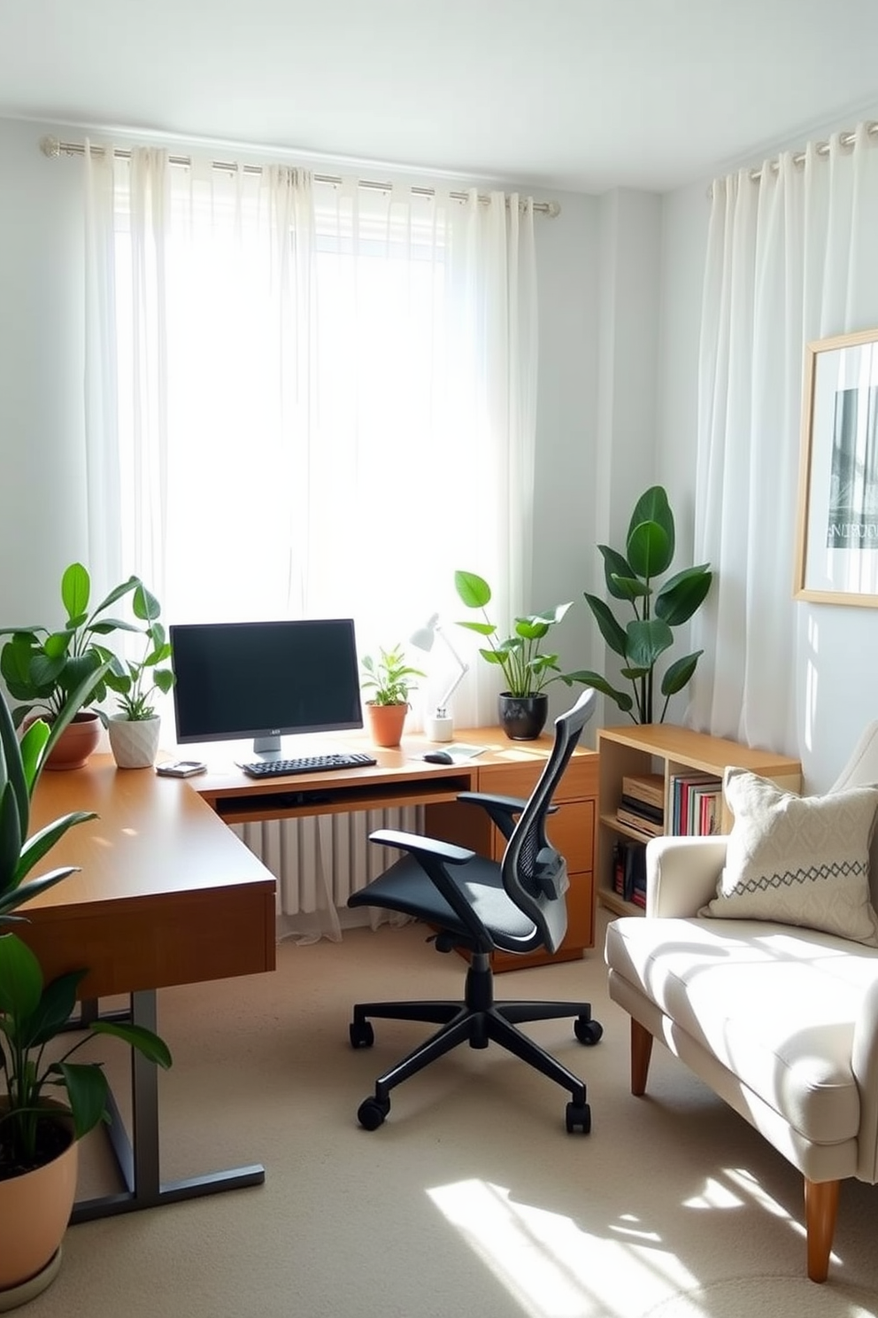 A bright and airy home office featuring lightweight sheer curtains that allow natural light to flood the space. The walls are painted in a soft pastel color, complemented by a sleek wooden desk and a comfortable ergonomic chair. Decorative plants are placed strategically around the room, adding a touch of greenery and life. A cozy reading nook with a plush armchair and a small bookshelf creates an inviting atmosphere for relaxation and inspiration.