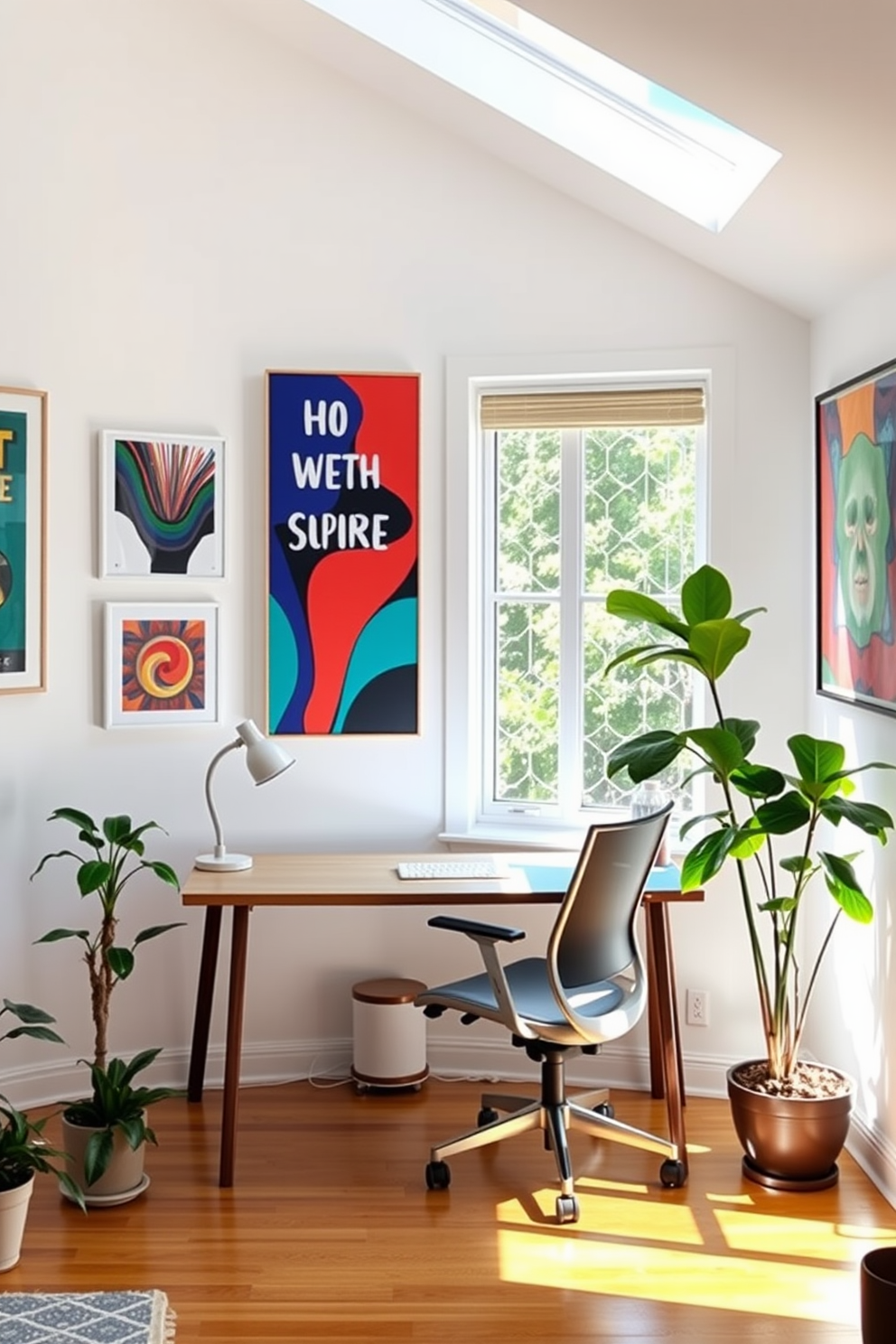 A bright and airy home office filled with natural light. The walls are adorned with vibrant artwork that inspires creativity and motivation. A sleek wooden desk sits in front of a large window, accompanied by a comfortable ergonomic chair. Potted plants are placed around the room, adding a touch of greenery and freshness to the space.