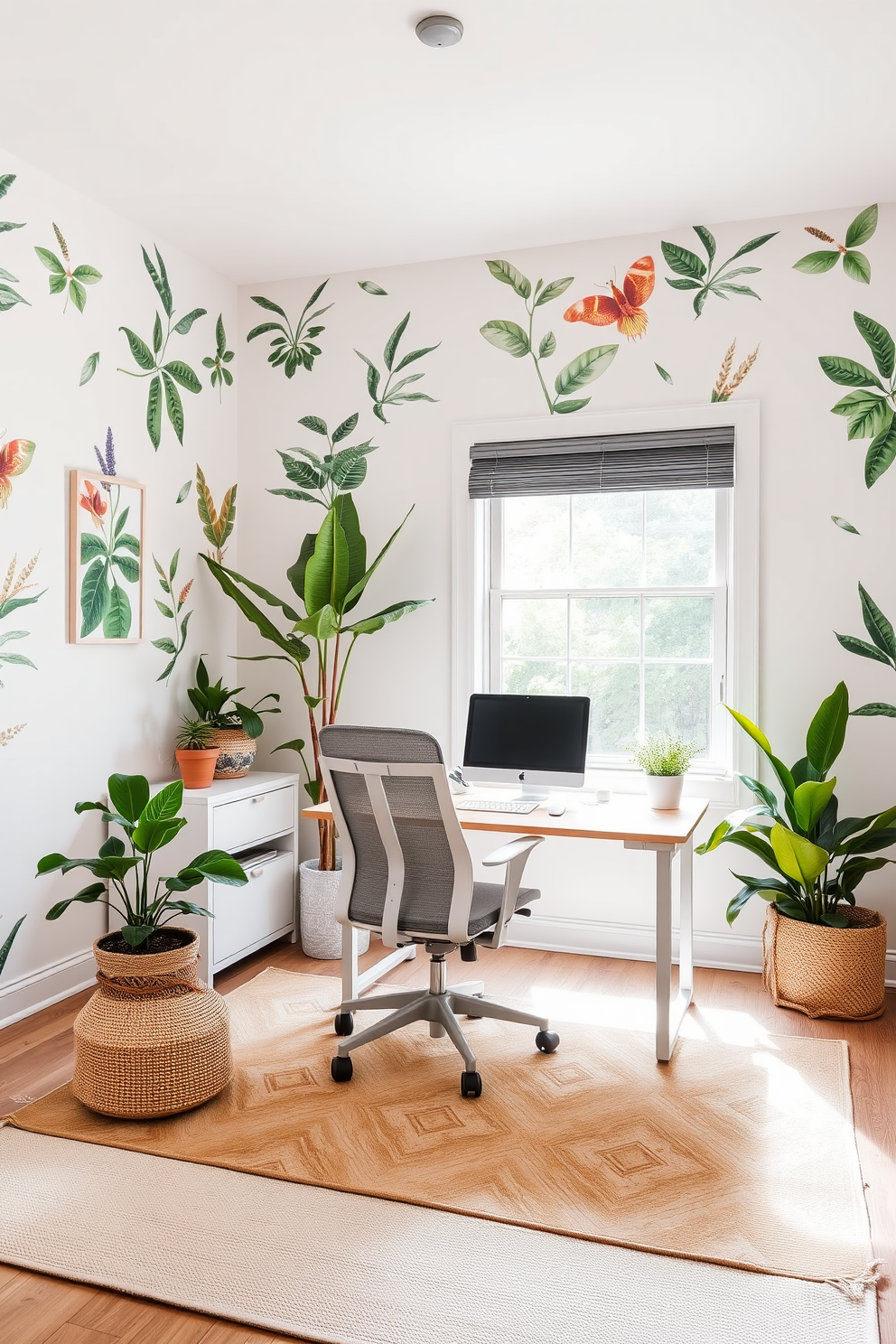 A bright and inviting home office filled with natural light. The walls are painted in a soft pastel color, and a sleek wooden desk is positioned against the window. A comfortable ergonomic chair sits at the desk, complemented by a vibrant area rug that adds warmth to the space. Lush green plants are placed in the corners, bringing a touch of nature indoors.