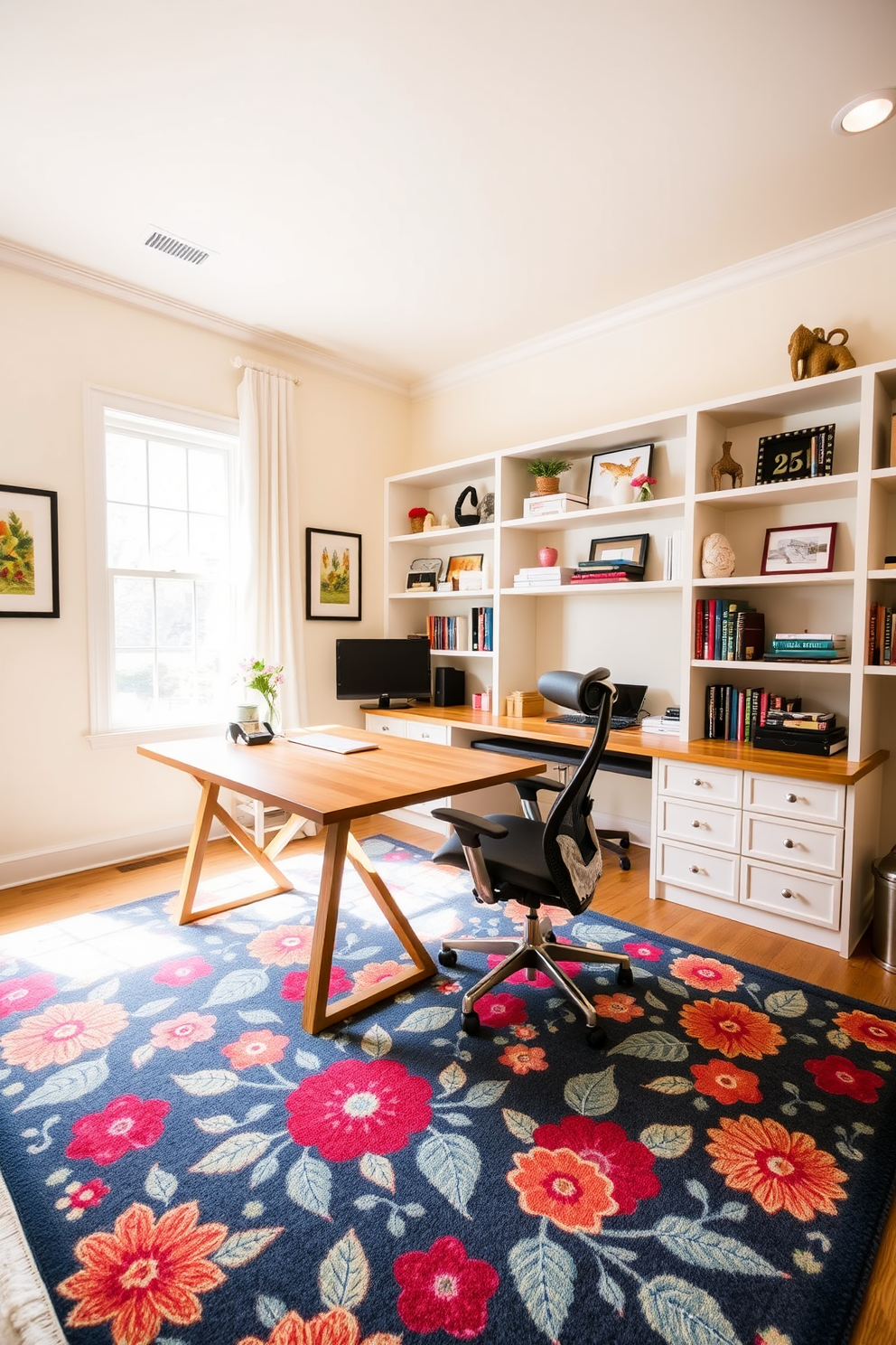 A bright and inviting home office features a large wooden desk positioned near a window that lets in plenty of natural light. The walls are painted in a soft pastel color, and a vibrant area rug with floral patterns adds warmth and comfort underfoot. A stylish ergonomic chair complements the desk, providing both comfort and support during long working hours. Shelves filled with books and decorative items line the walls, creating a personalized and inspiring workspace.