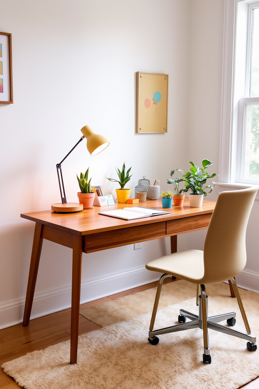 A bright and inviting home office features a large window that allows natural light to flood the space. The walls are painted a soft pastel yellow, creating a warm and cheerful atmosphere. On one wall, a vibrant abstract painting with splashes of pink and green serves as the focal point, adding a touch of creativity. A sleek wooden desk is positioned in front of the window, adorned with a fresh bouquet of flowers and stylish stationery.