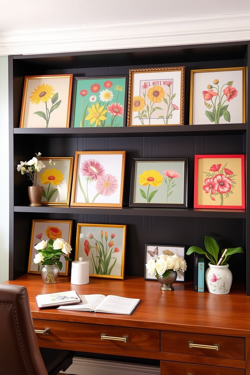 A bright and airy home office featuring open shelving that elegantly displays decorative storage items. The shelves are filled with a mix of books, plants, and art pieces, creating a personalized and inspiring workspace. The desk is positioned near a large window, allowing natural light to flood the room. A comfortable chair complements the minimalist design, while a soft area rug adds warmth underfoot.