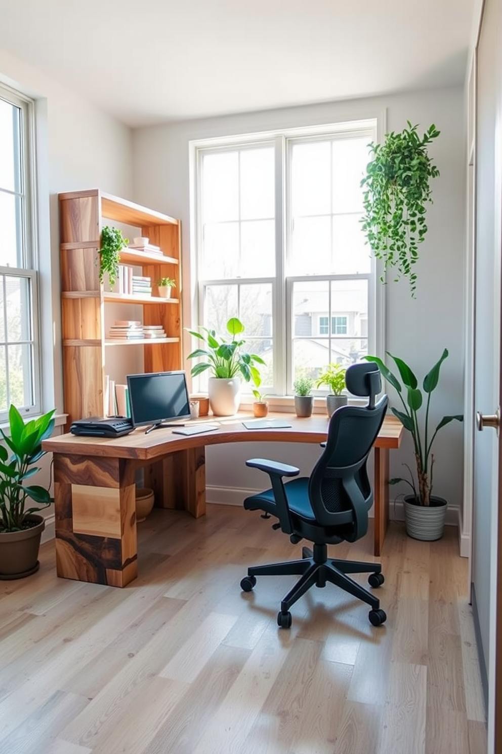 A bright and airy home office featuring natural wood elements. The desk is made of reclaimed wood, paired with a comfortable ergonomic chair that complements the organic aesthetic. Large windows allow for ample natural light, illuminating the space and enhancing the warm tones of the wooden shelves. Potted plants are strategically placed around the room, adding a touch of greenery and freshness to the decor.