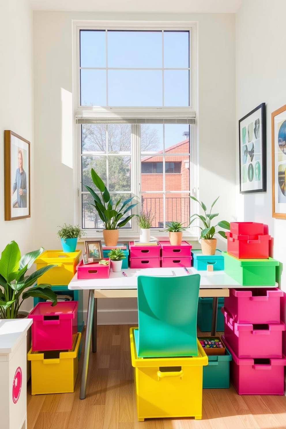 A bright and airy home office space features large windows that allow natural light to flood in. The walls are painted in a soft pastel hue, complemented by light wooden furniture that creates a serene atmosphere. A sleek white desk sits in the center, adorned with a minimalistic lamp and a few potted plants. Cozy seating options, such as a plush armchair in a light fabric, invite relaxation and creativity in this inviting workspace.