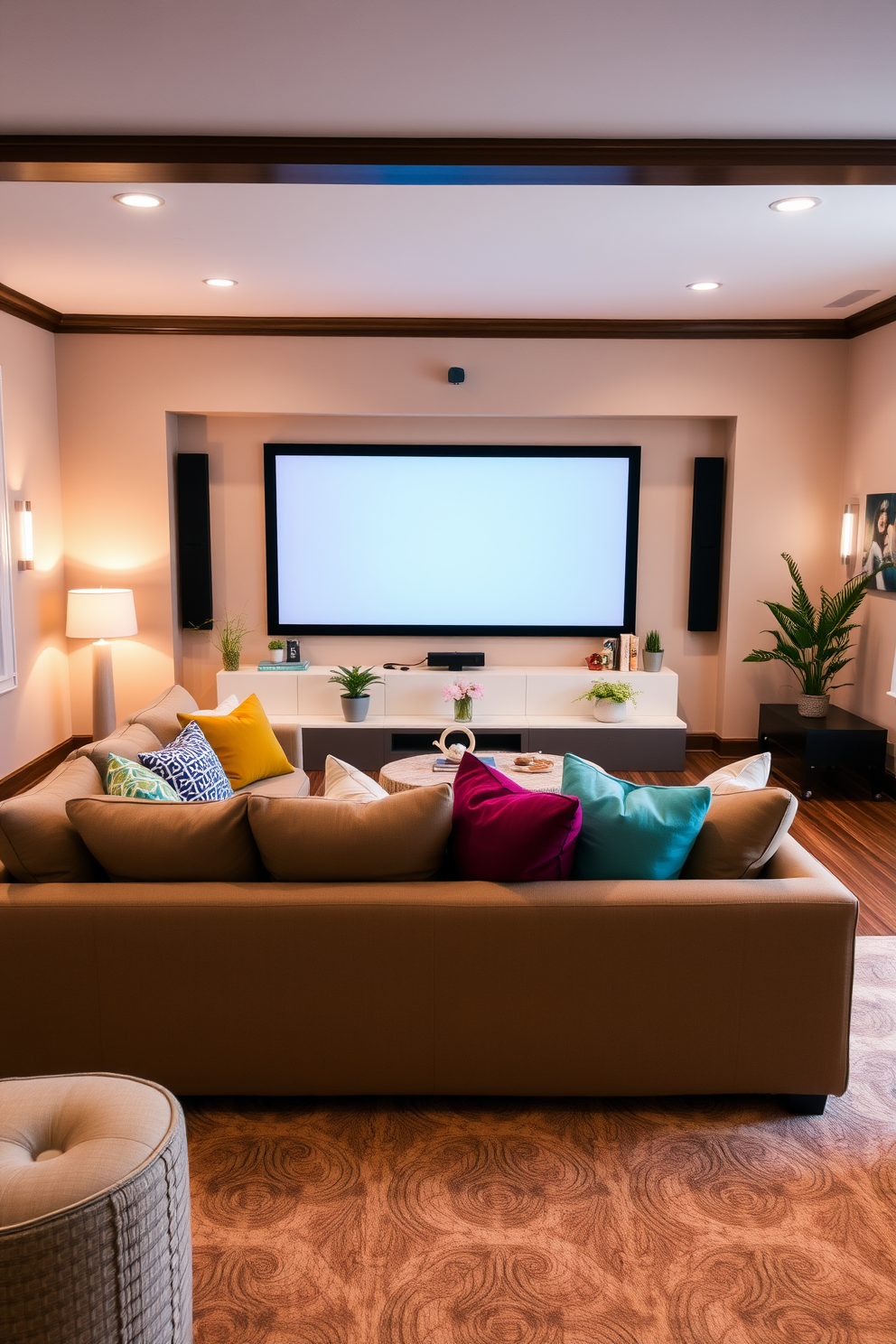 Cozy sectional sofa with vibrant cushions. The sofa is positioned in a warm living room with soft lighting and a large area rug. Spring Home Theater Decorating Ideas. The space features a large screen with comfortable seating, accented by potted plants and pastel-colored decor.