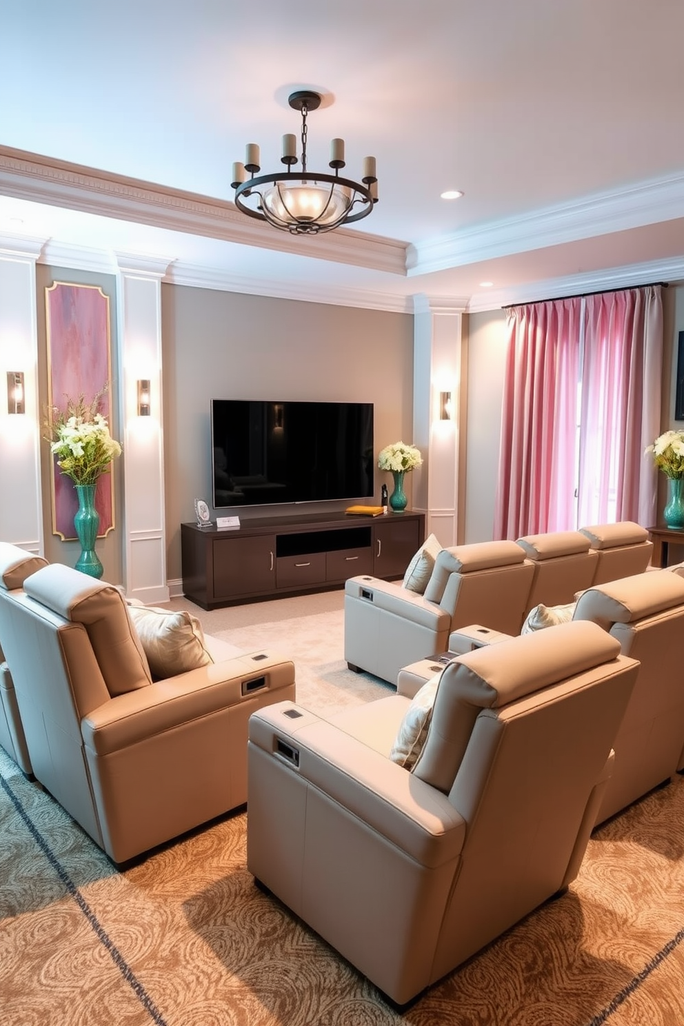 A cozy home theater adorned with whimsical fairy lights creates a magical ambiance. The walls are painted in a deep navy blue, and plush seating is arranged for optimal viewing comfort. Soft, twinkling lights are draped across the ceiling and along the walls, casting a warm glow throughout the space. A large screen is framed by elegant curtains, and colorful throw pillows add a playful touch to the seating area.