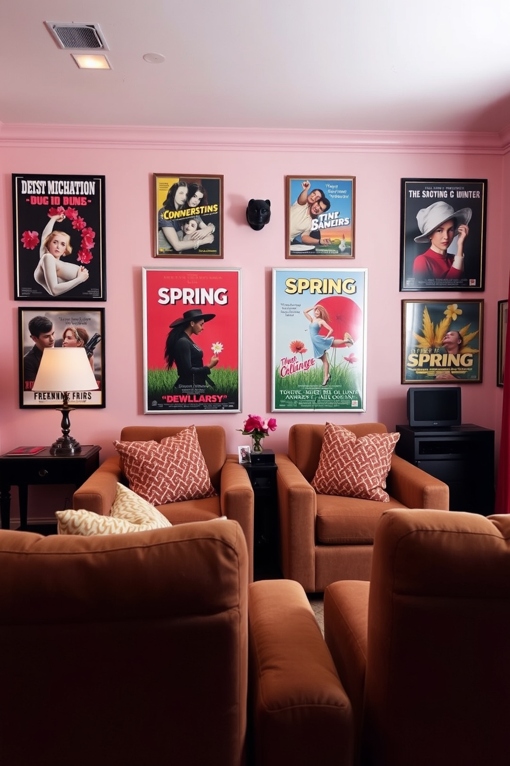 Create a cozy home theater space adorned with vintage movie posters that showcase vibrant spring themes. The walls are painted in a soft pastel color, and plush seating is arranged for comfort, inviting viewers to relax and enjoy the cinematic experience.