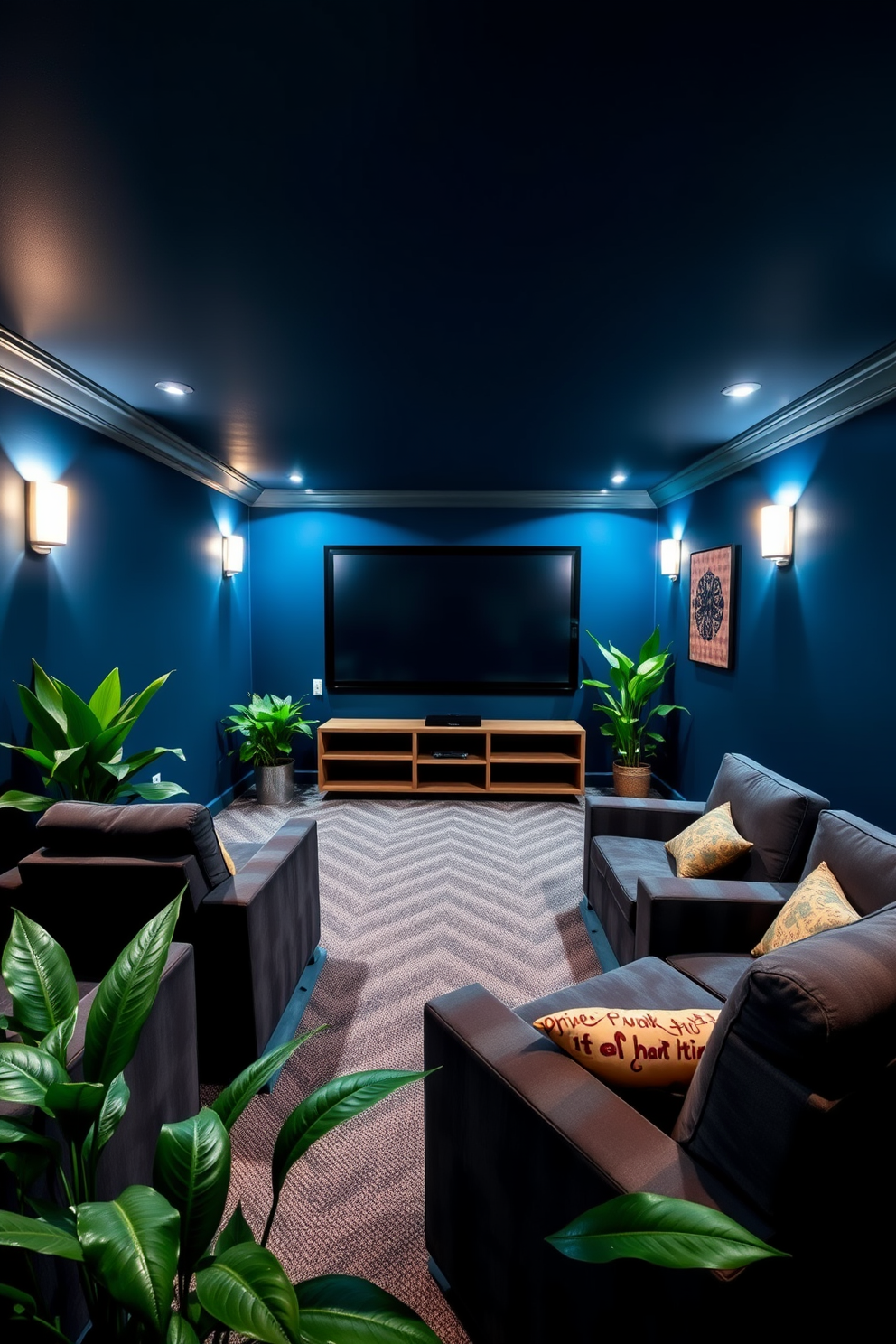 A cozy home theater designed for relaxation and entertainment. The walls are painted in a deep navy blue, with plush seating arranged in a semi-circle facing a large screen. Green plants are strategically placed around the room, adding freshness and a touch of nature to the decor. Soft lighting fixtures create a warm ambiance, enhancing the overall cinematic experience.