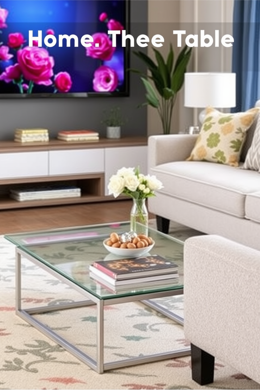 Stylish side tables with spring motifs. Each table features intricate floral carvings and pastel-colored finishes that evoke the essence of spring. Spring Home Theater Decorating Ideas. The space is adorned with soft, light fabrics and vibrant cushions, creating a cozy and inviting atmosphere for movie nights.