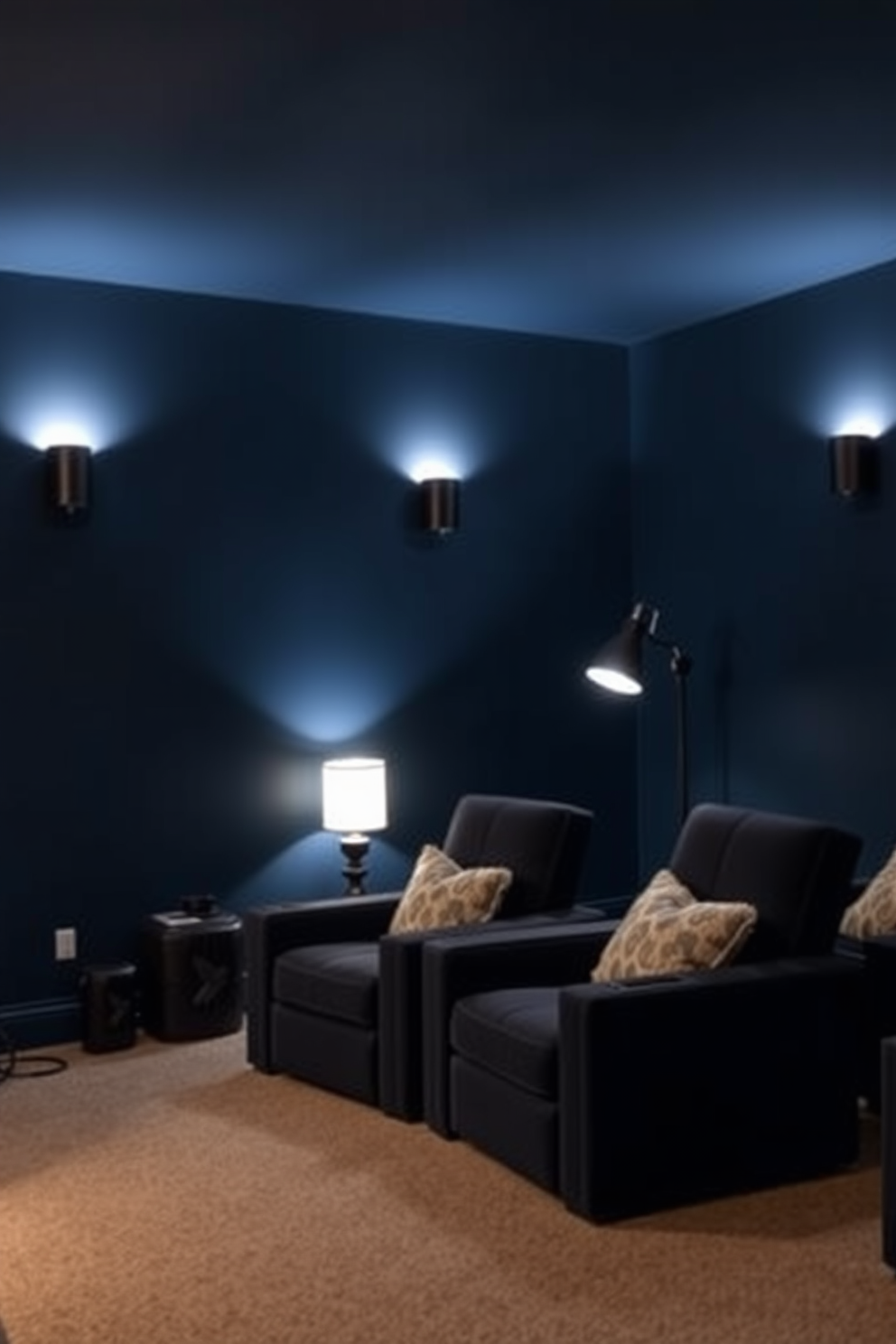 A cozy home theater setting featuring soft ambient lighting created by stylish floor lamps placed strategically around the room. The walls are painted in a deep navy blue, enhancing the cinematic atmosphere while plush seating invites relaxation.