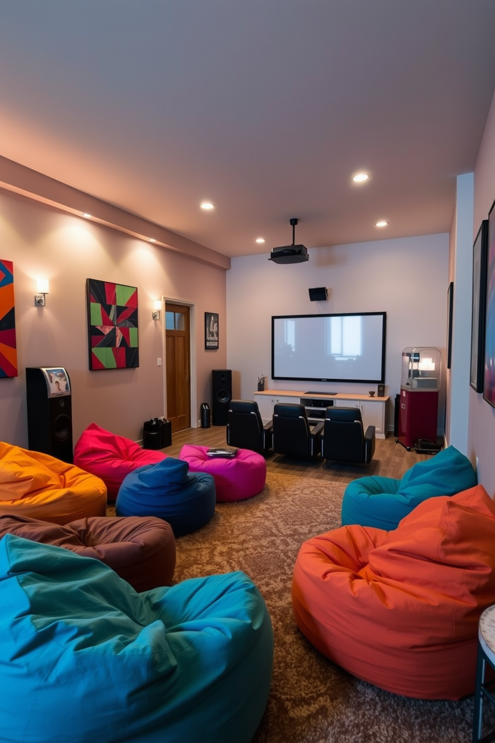 A cozy living room features multi-colored bean bags arranged in a casual seating area. The walls are adorned with vibrant artwork, and soft lighting creates a warm ambiance. In the corner, a state-of-the-art home theater setup includes a large screen and comfortable seating. Decorative elements like movie posters and a popcorn machine add a playful touch to the space.