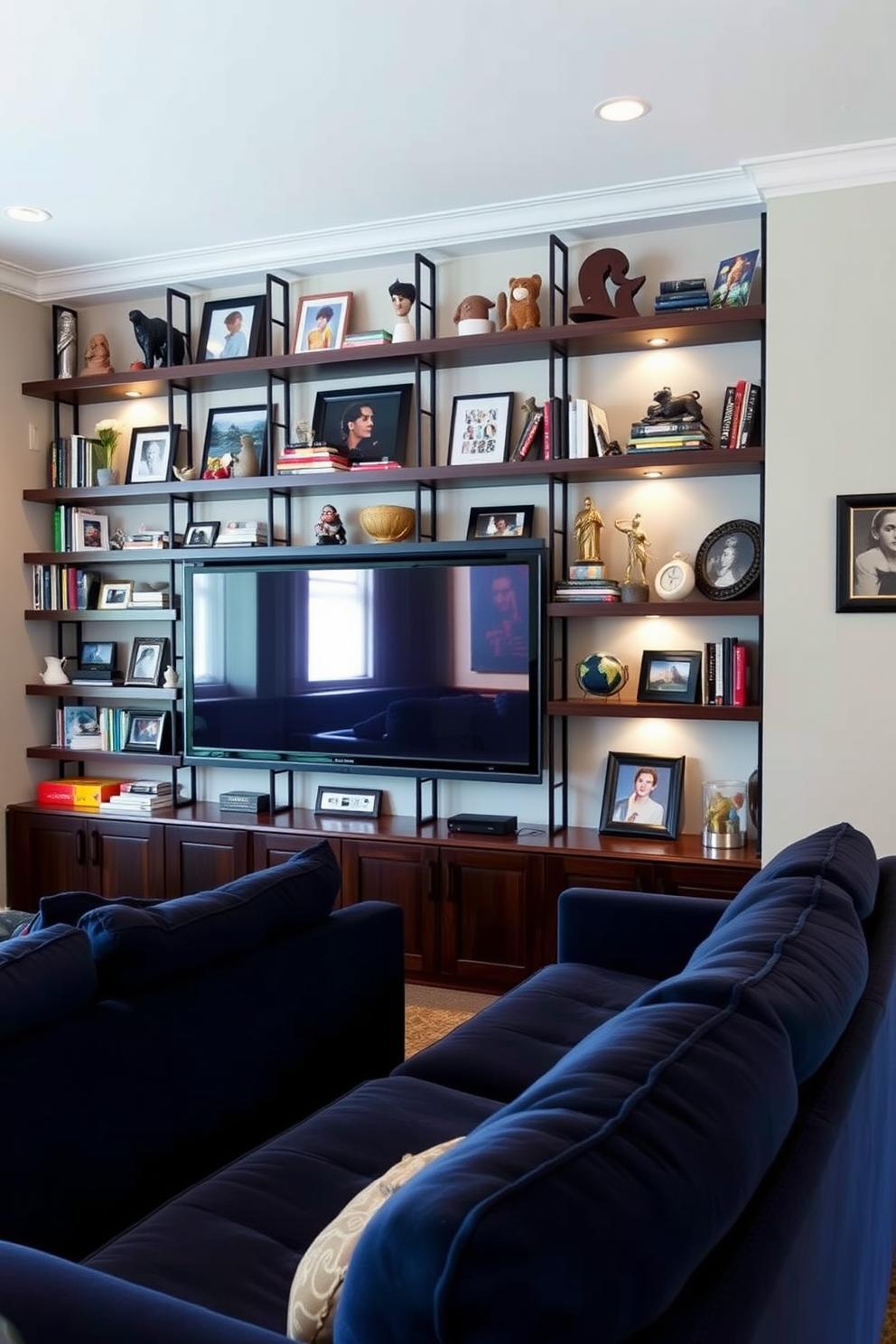 A cozy home theater space with wall shelves adorned with collectibles. The shelves are crafted from dark wood and are filled with a variety of books, figurines, and framed photos, creating a personal touch. The seating area features plush, oversized sofas in a rich navy blue fabric. Soft ambient lighting highlights the shelves while a large screen is mounted on the opposite wall, perfect for movie nights.