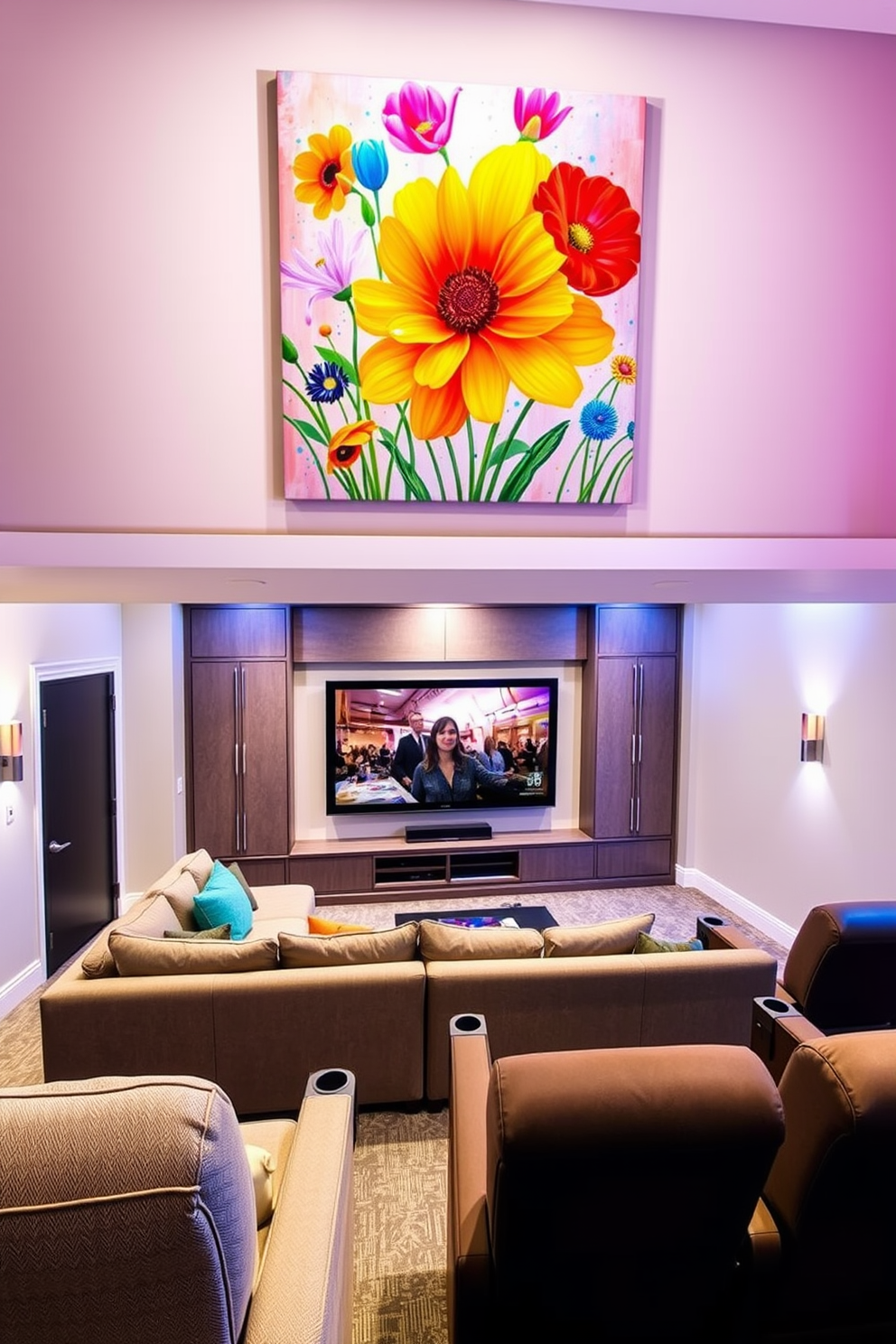 A vibrant spring-inspired artwork is displayed above a plush sectional sofa, featuring a colorful floral design that brings life to the room. The walls are painted in soft pastels, enhancing the cheerful atmosphere and creating a perfect backdrop for the art piece. The home theater is designed with comfortable reclining chairs arranged for optimal viewing, complemented by a large screen mounted on a feature wall. Soft ambient lighting and acoustic panels add to the cinematic experience, creating a cozy and inviting space for movie nights.