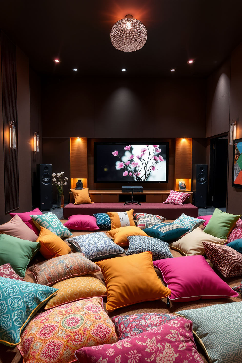 Brightly colored cushions are scattered across a cozy floor seating area, creating an inviting and vibrant atmosphere. The cushions feature various patterns and textures, adding warmth and personality to the space. Surrounding the seating, a state-of-the-art home theater setup is elegantly integrated into the room. Soft ambient lighting enhances the viewing experience, while stylish decor elements reflect a modern and playful spring theme.