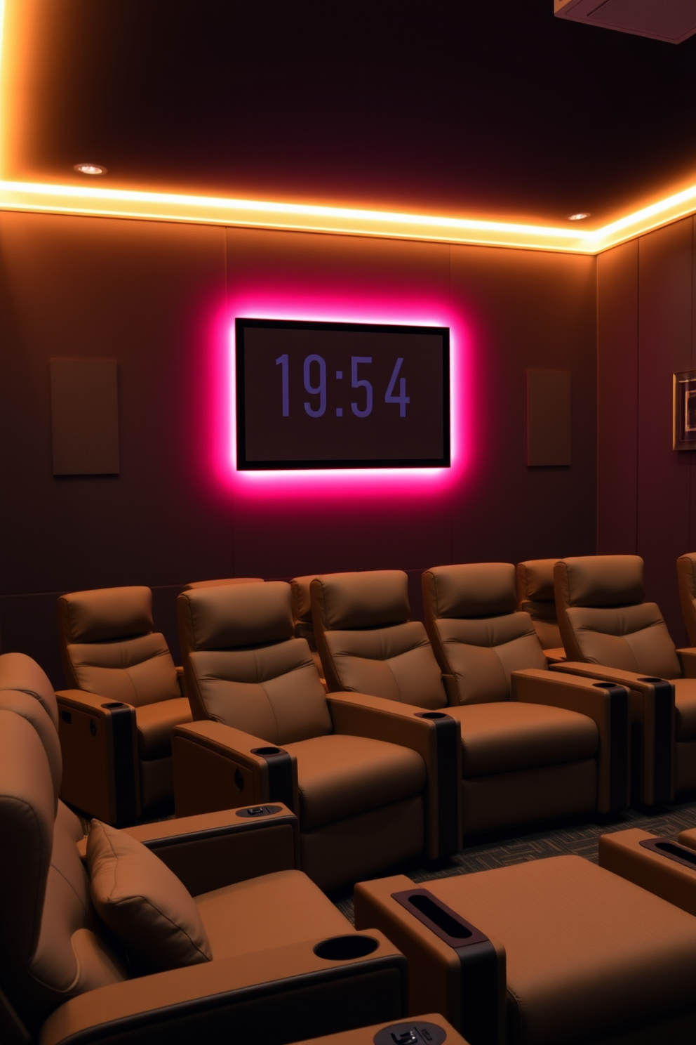 A modern home theater setup featuring a wall-mounted projector that seamlessly integrates into the room's design. The seating consists of plush, contemporary recliners arranged for optimal viewing, complemented by ambient lighting that creates a cozy atmosphere.