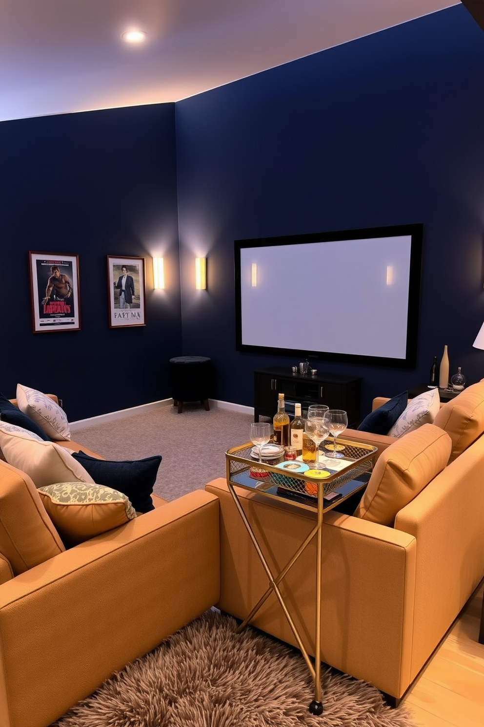 A cozy home theater setting with plush seating arranged in a semi-circle facing a large screen. The walls are painted in a deep navy blue, and soft ambient lighting creates a warm atmosphere. In the corner, a stylish mini bar cart is set up with an assortment of refreshments and glassware. Decorative accents like framed movie posters and a plush area rug add a touch of elegance to the space.