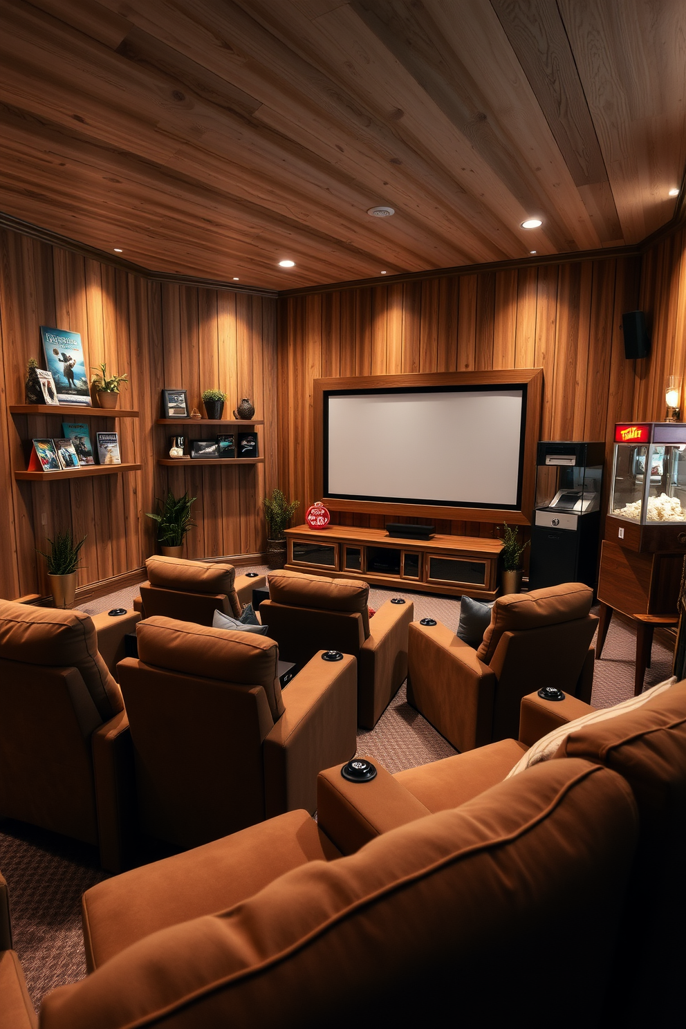 A cozy home theater space with natural wood paneling on the walls, creating a warm and inviting atmosphere. Plush seating in earthy tones is arranged for optimal viewing, complemented by soft ambient lighting that enhances the cinematic experience. Incorporate decorative elements like potted plants and wooden shelves displaying curated movie memorabilia. A large screen is framed by wooden accents, and a stylish popcorn machine adds a playful touch to the design.