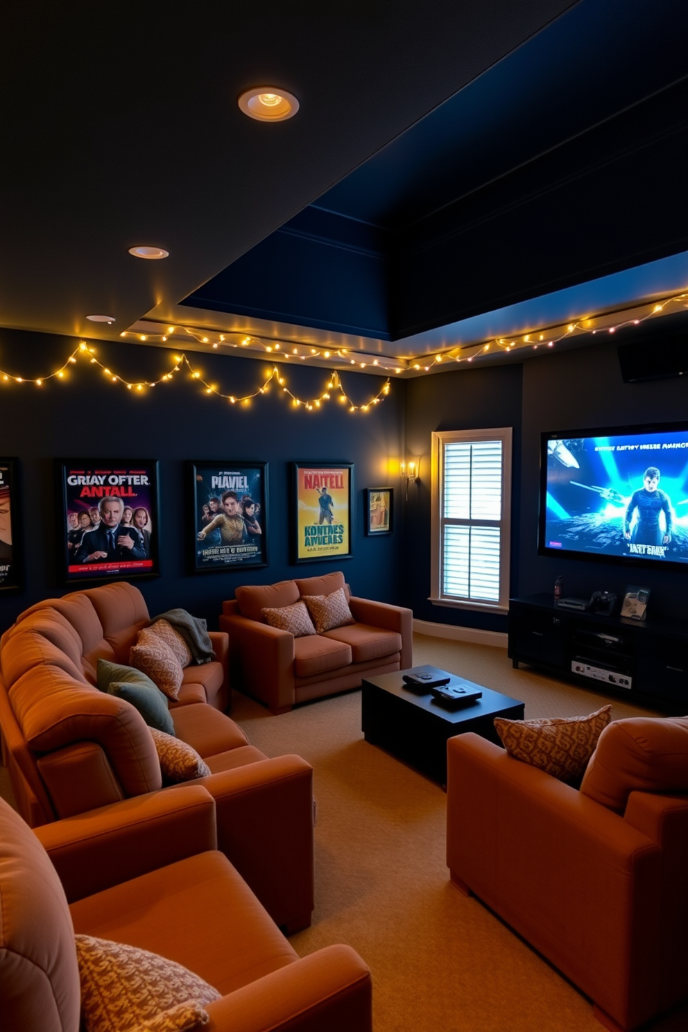 A cozy home theater setting featuring plush seating arranged in a semi-circle for optimal viewing. The walls are painted a deep navy blue and adorned with framed movie posters, creating an inviting atmosphere. Soft, warm fairy lights are draped along the ceiling and around the windows, adding a whimsical touch to the space. A large screen is mounted on the wall, with a sleek media console below, holding a collection of favorite films and gaming consoles.