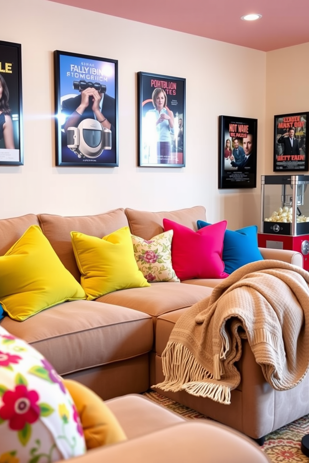 Bright accent pillows in vibrant colors are scattered across a plush sectional sofa, creating a lively focal point in the room. The walls are adorned with framed movie posters, and soft lighting enhances the cozy atmosphere. Spring home theater decorating ideas include a fresh color palette with pastel hues and floral patterns that evoke the essence of the season. A stylish popcorn machine sits in the corner, while a collection of cozy blankets is draped over the armrest for an inviting movie night experience.