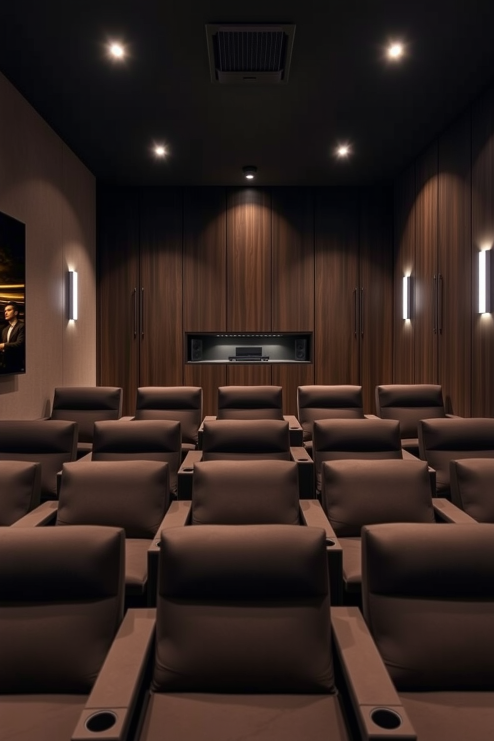 A contemporary home theater designed for optimal sound quality and aesthetics. The room features a minimalist sound system integrated seamlessly into the sleek, dark wood cabinetry. Comfortable seating is arranged in a tiered layout, upholstered in rich, dark fabric to enhance the cinematic experience. Ambient lighting is strategically placed to create a warm, inviting atmosphere while highlighting the modern decor.