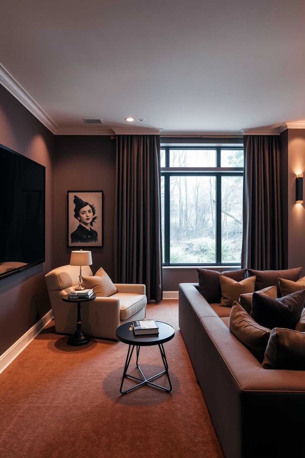 A cozy home theater setup featuring a plush sectional sofa arranged around a large screen. The walls are painted a deep navy blue, and shelves are adorned with colorful board games and decorative items for entertainment. Soft lighting creates an inviting atmosphere, with floor lamps and LED strip lights enhancing the space. A popcorn machine sits in the corner, adding a playful touch to the spring-themed decor.