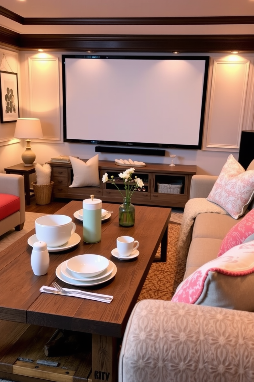 A cozy home theater setup featuring pastel-colored tableware arranged on a rustic wooden coffee table. Soft, ambient lighting enhances the inviting atmosphere, while plush seating options are adorned with colorful throw pillows for added comfort.