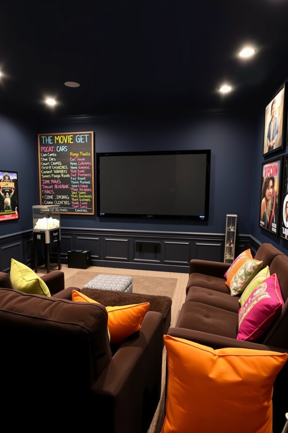 A cozy home theater with a large chalkboard mounted on the wall displaying movie listings in colorful chalk. Plush seating is arranged in a semi-circle around a large screen, with soft lighting creating an inviting atmosphere. The walls are painted a deep navy blue, complemented by dark wood accents and a popcorn machine in the corner. Decorative cushions in vibrant colors add a playful touch to the seating area, while movie posters adorn the walls for a personal flair.