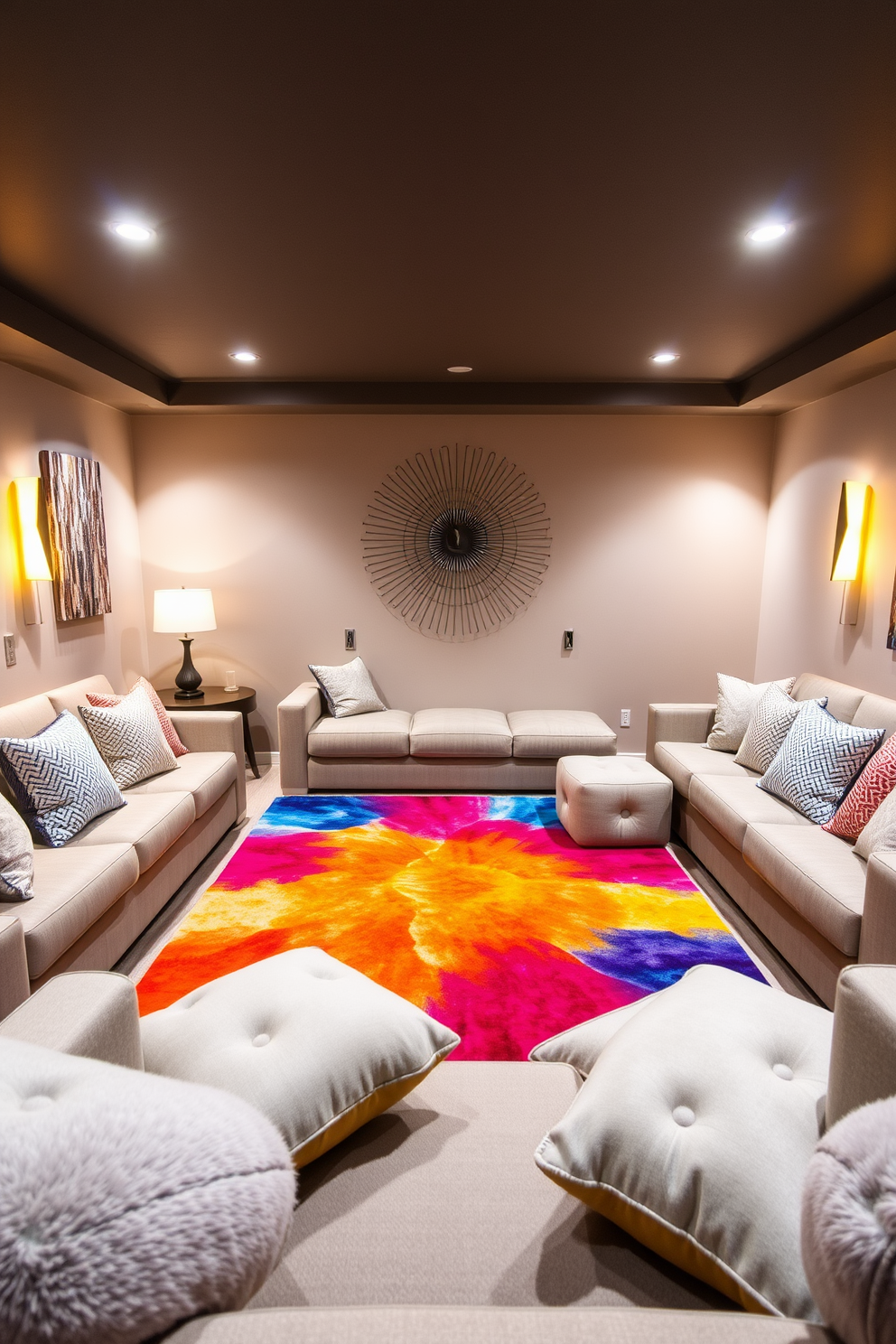 A cozy home theater adorned with lightweight sheer curtains that gently filter natural light. The walls are painted in a soft gray hue, and plush seating is arranged for optimal viewing comfort. Decorative accents in pastel colors enhance the spring theme, with floral throw pillows and a light-colored area rug. A stylish media console holds the latest technology while maintaining a chic aesthetic.